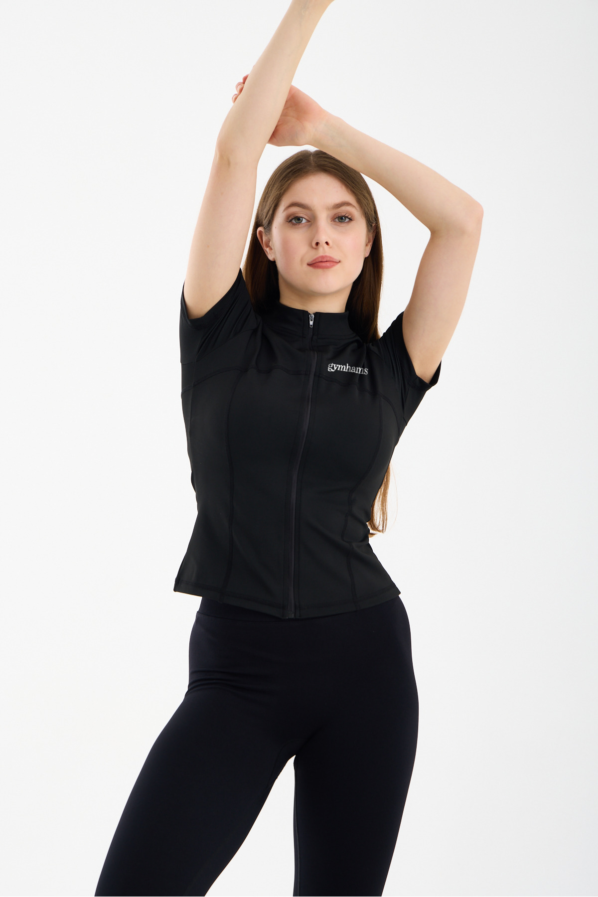 gymhams Siyah Kadın Premium Spor Ceket, Kısa Kollu, Fermuarlı, Yoga Pilates Fitness Koşu Antrenman Üstü görsel 3