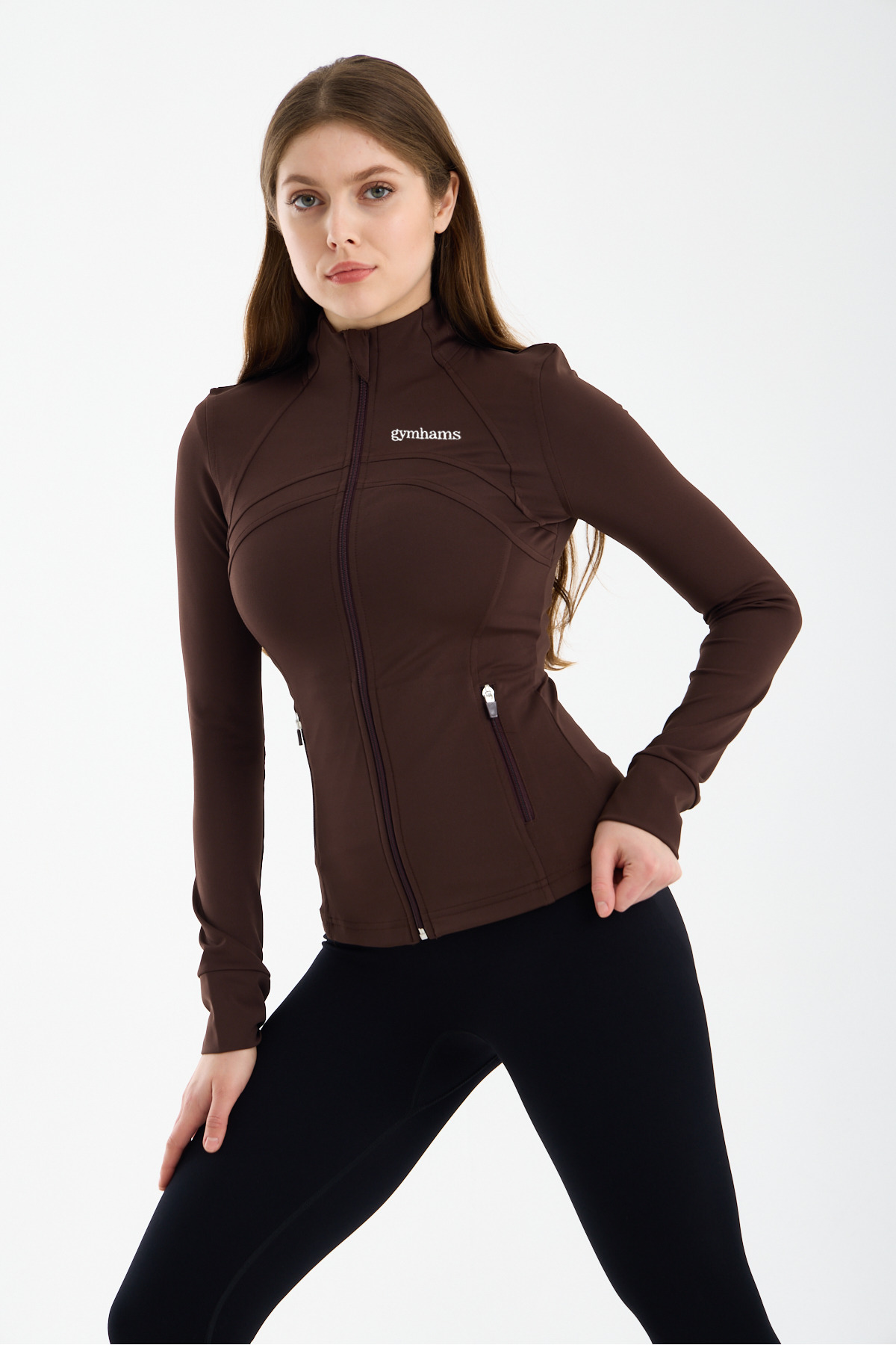 gymhams Kahve Kadın Premium Spor Ceket, Uzun Kollu, Fermuarlı, Yoga Pilates Fitness Koşu Antrenman Üstü görsel 3