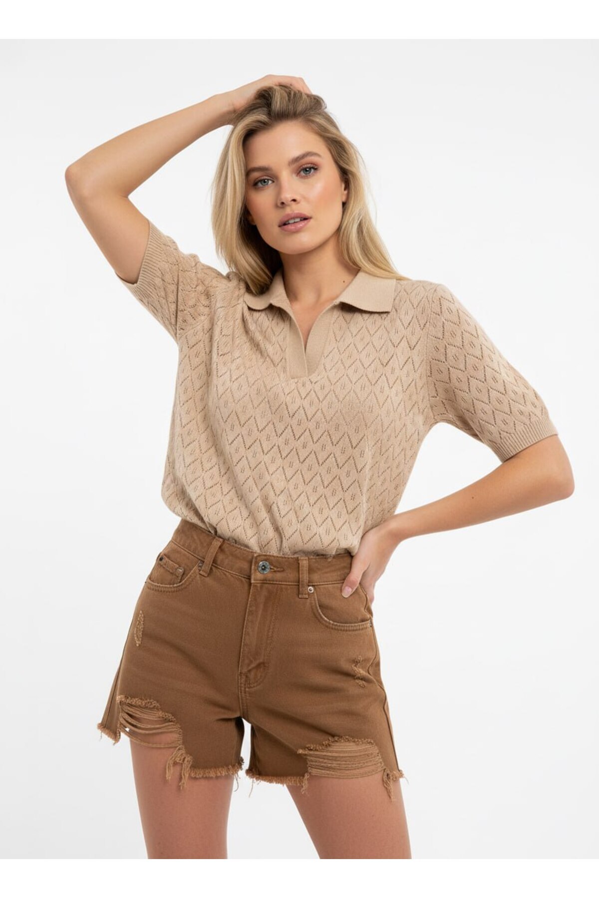 Noi Belis  Polo Yaka Delikli Kısa Kol Triko Bluz SS26BZ0029 - Görsel 6