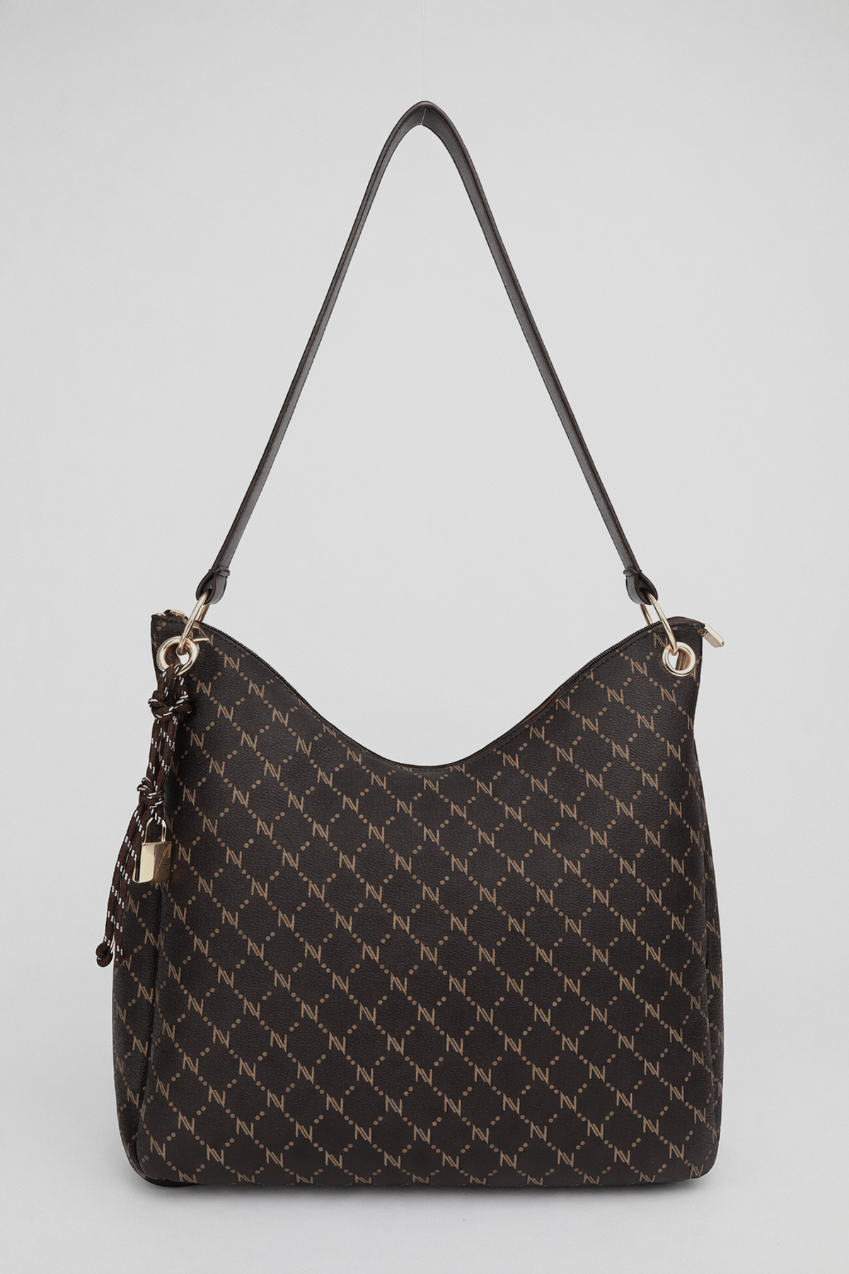 Women's Monogram Coffee Charm Detailed Zipper Closed Hand and Shoulder Bag Toli