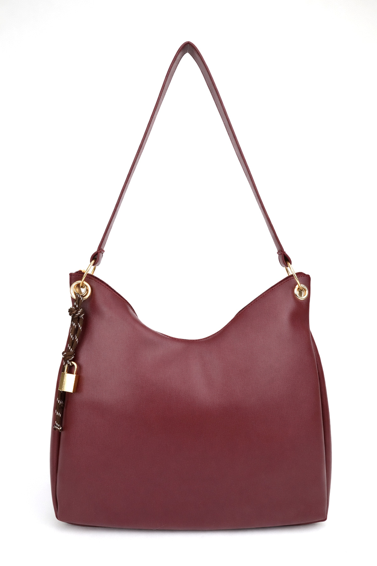 Women's Patternless Claret Red Charm Detailed Zipper Closed Hand and Shoulder Bag Toli