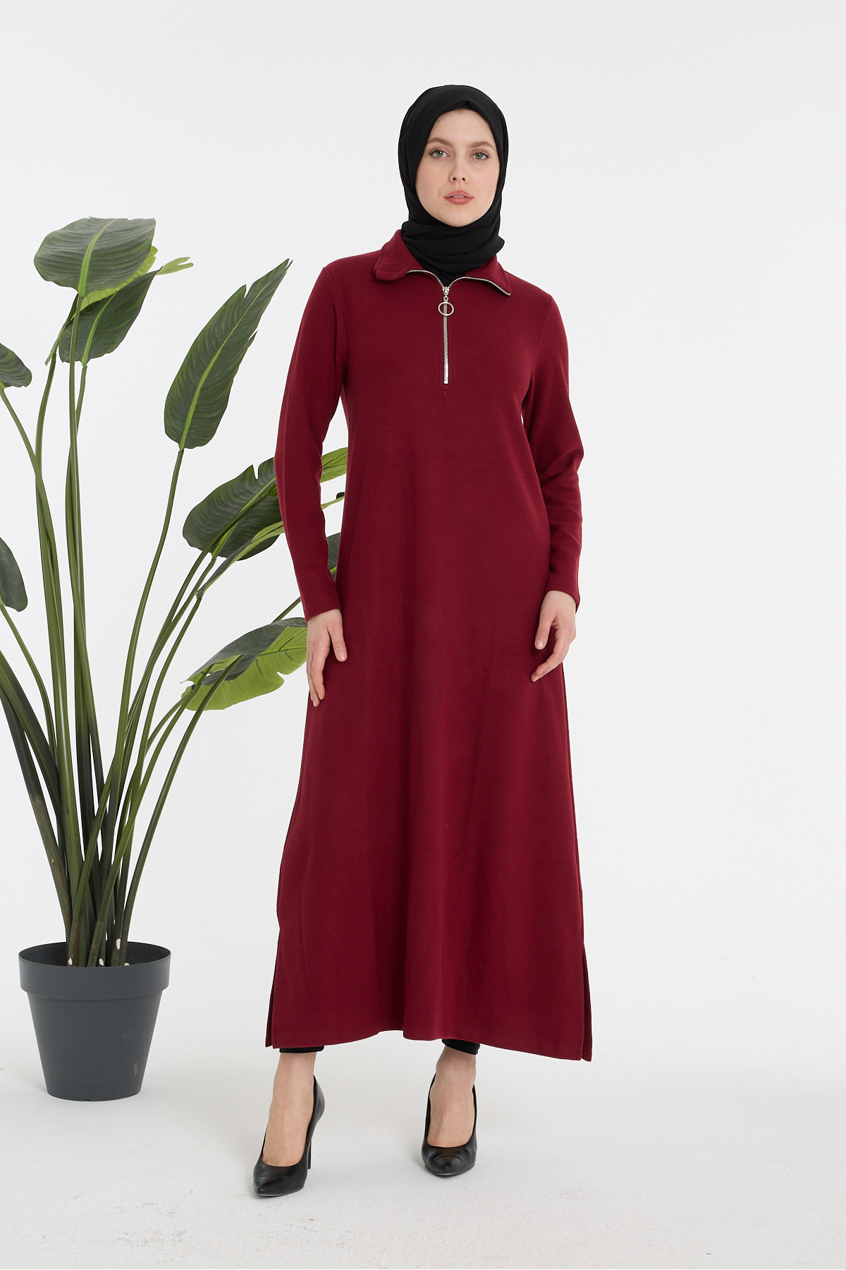Fermuarlı Yaka Rahat Kesim Bordo Uzun Elbise - Bordo