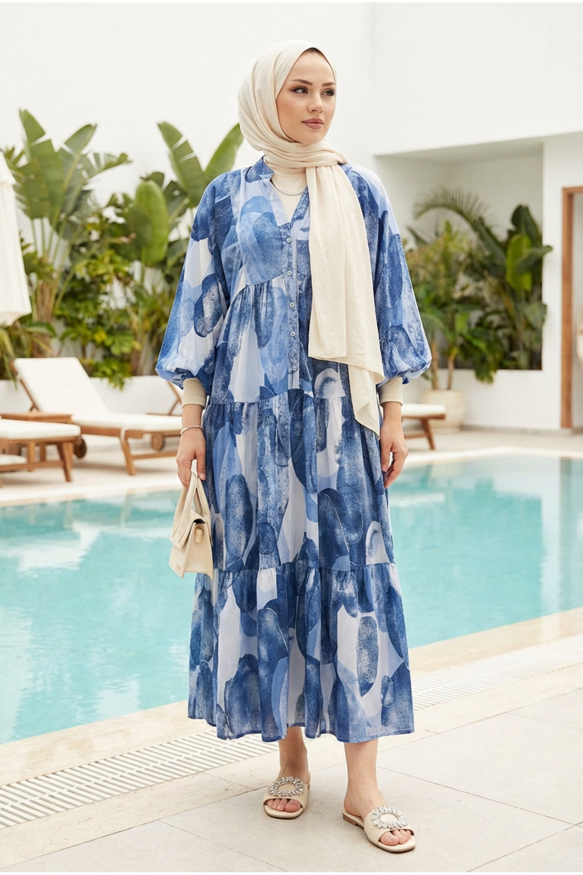 Kirazca Butik  Kadın Renkli Desenli Yazlık Tesettür Uzun Elbise - Görsel 4