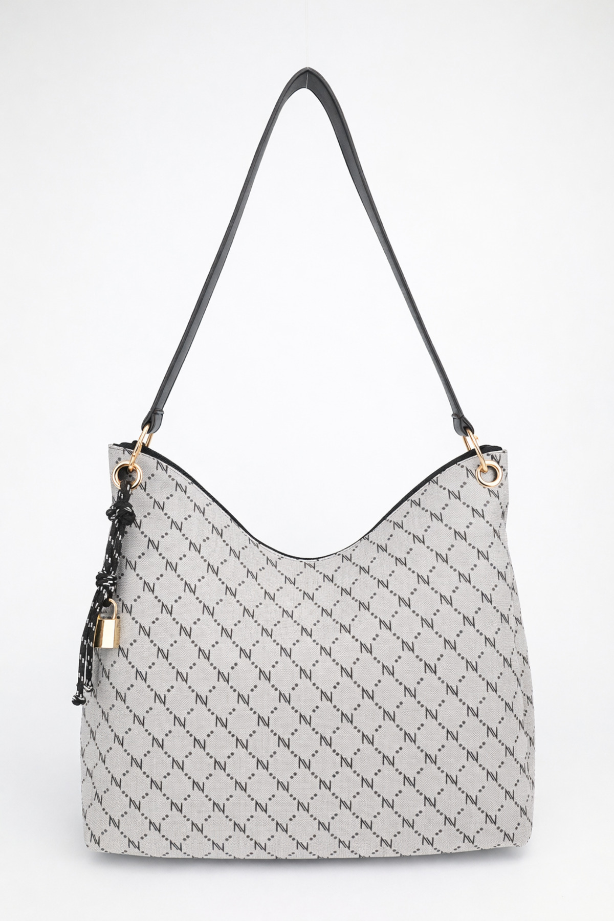 Women's Monogram Gray Charm Detailed Zipper Closed Hand and Shoulder Bag Toli