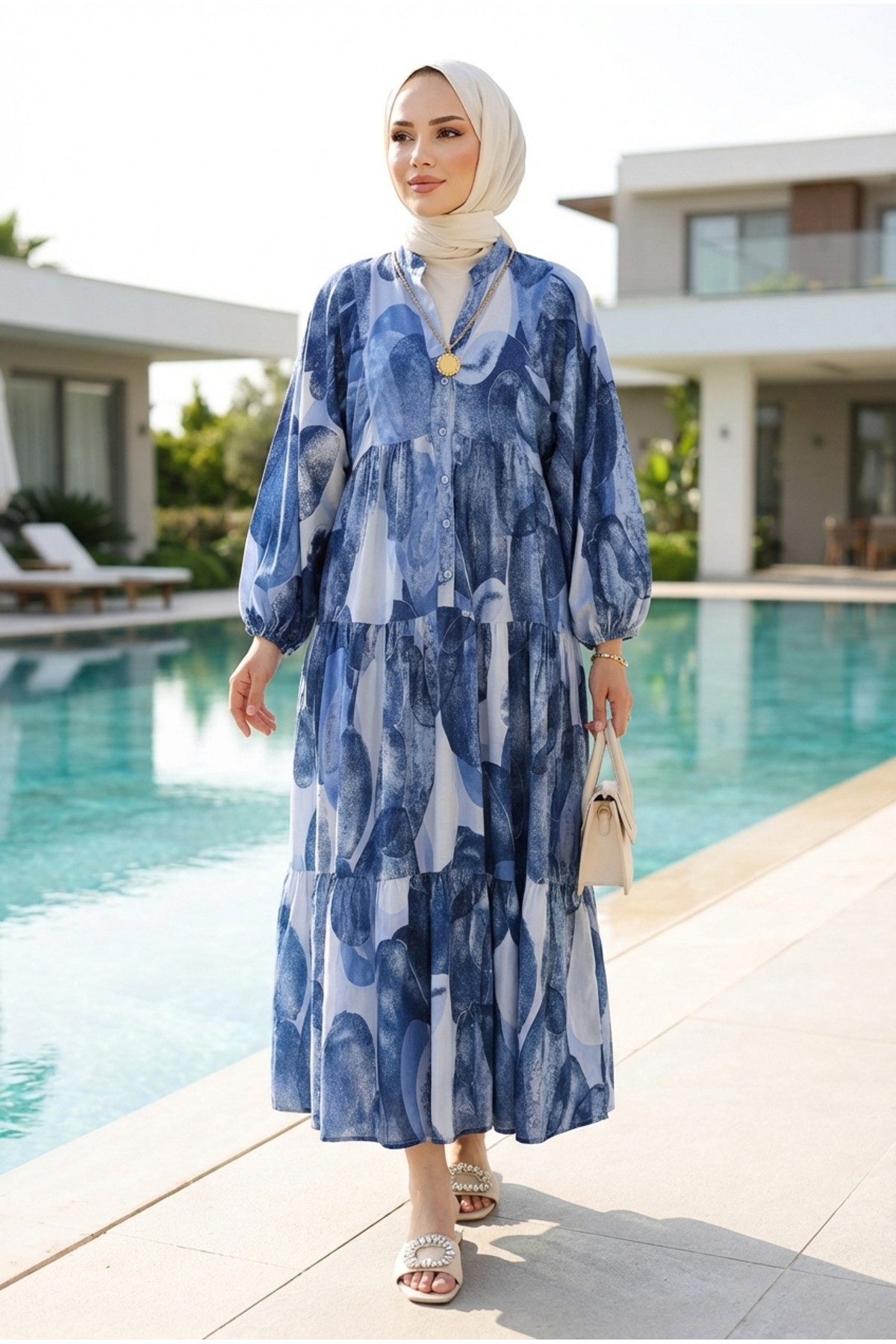 Kirazca Butik  Kadın Renkli Desenli Yazlık Tesettür Uzun Elbise - Görsel 7