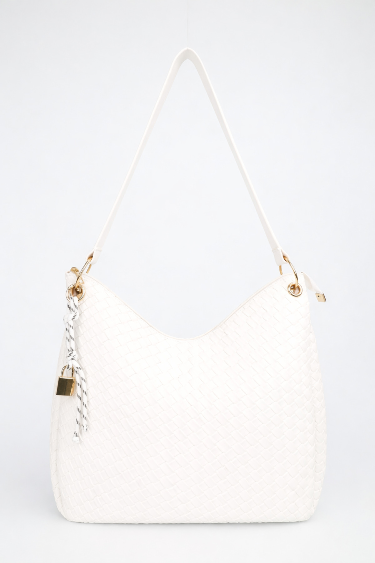 Women's Braided White Charm Detailed Zipper Closed Hand and Shoulder Bag Toli
