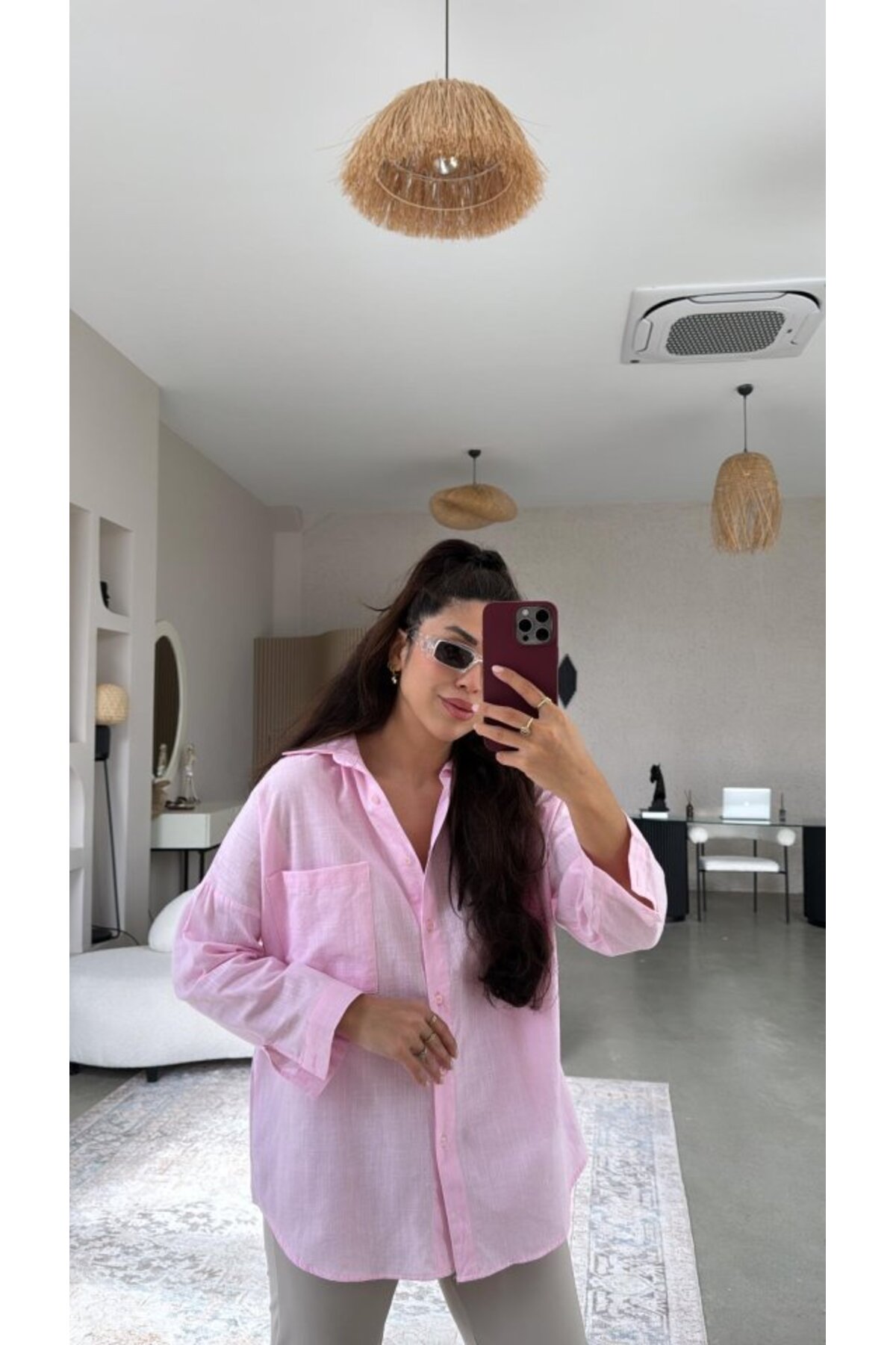 GETFAY Kadın Tek Cepli Over Size Ketem Gömlek-Pembe fotoğrafı 5 (önizleme)