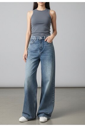Feyna Baggy Fit Marble Özel Efektli Yıkamalı Rahat Kesim Kadın Denim Pantolon