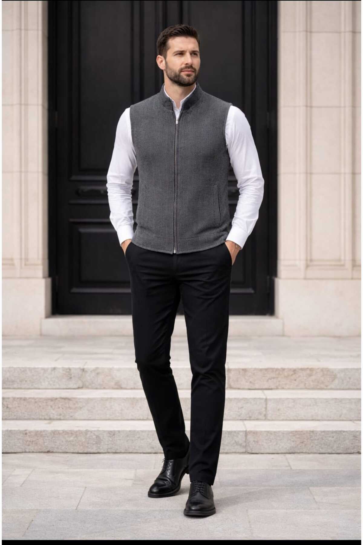 BYBEYEMS GİYİM  BALIKSIRTI FÜME Gri DİK Yaka Erkek Kaşmir