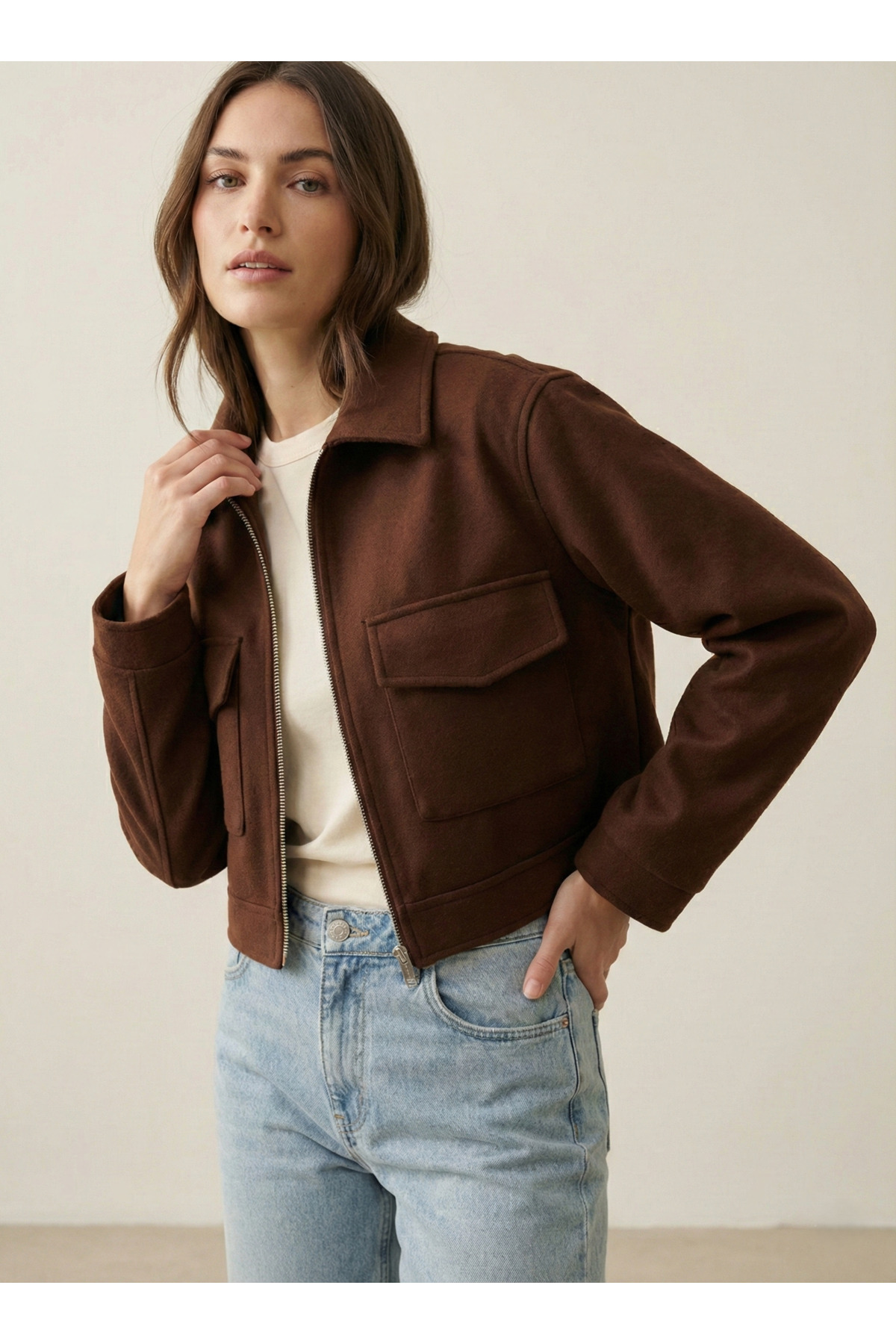 PERADO  Yumuşak Astarlı Crop ceket Kahverengi - Görsel 2