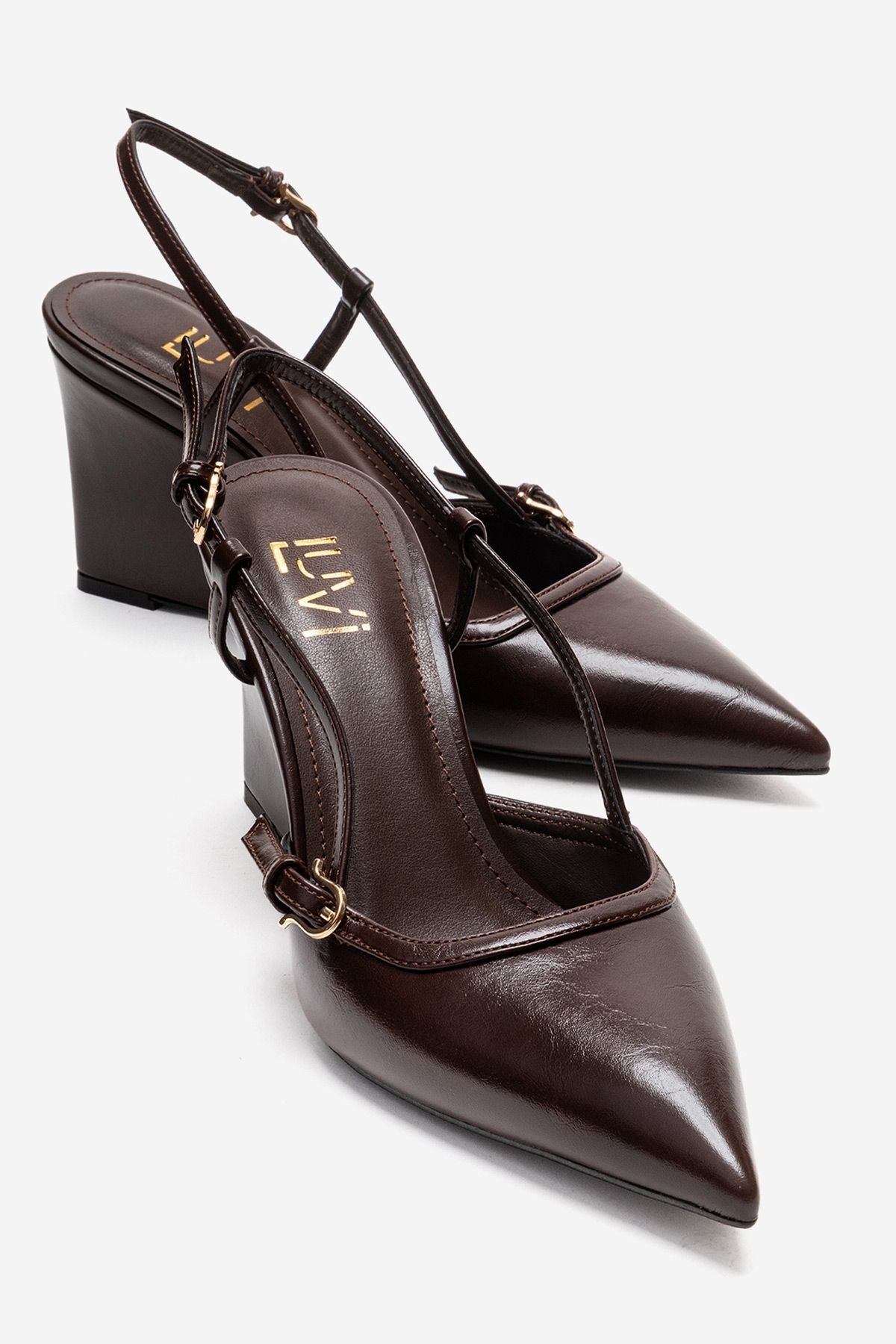 LuviShoes CELIA Kahverengi Cilt Sivri Burunlu Kadın Dolgu Topuklu Ayakkabı