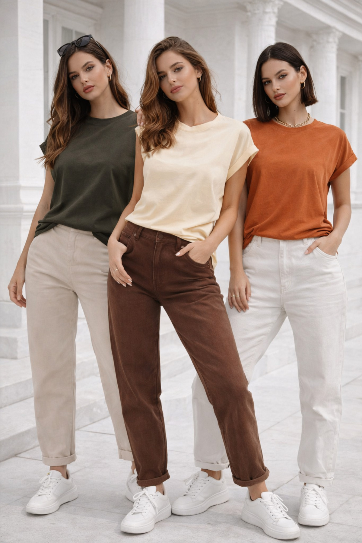 Rich  Kadın 3'lü Paket Krem-Turuncu-Haki Pamuklu Duble Kol Detaylı Rahat Kalıp T-Shirt - Görsel 4