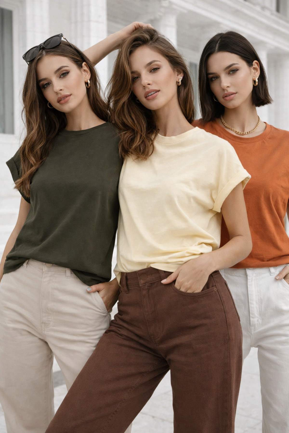 Rich  Kadın 3'lü Paket Krem-Turuncu-Haki Pamuklu Duble Kol Detaylı Rahat Kalıp T-Shirt - Görsel 6