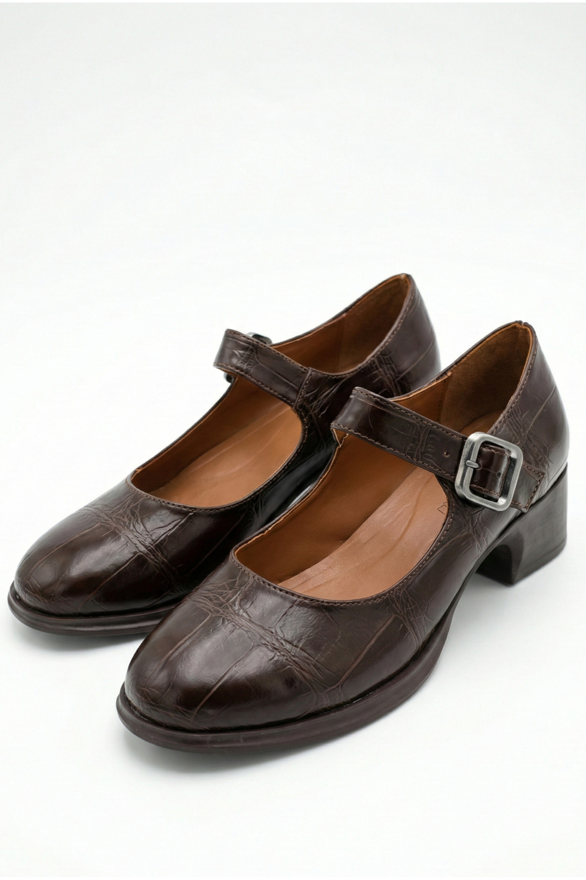 Shoesers  Kadın Kahve Krokodil Tasarım Loafer Tokalı Günlük Kalın Topuklu Ayakkabı Balerin Loafer - Görsel 5