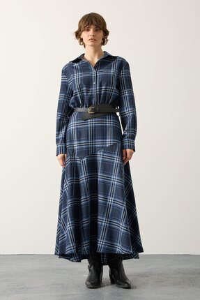 LaliCo Kadın Gömlek Yaka Beli Kemerli Ekose Desenli Mavi Elbise