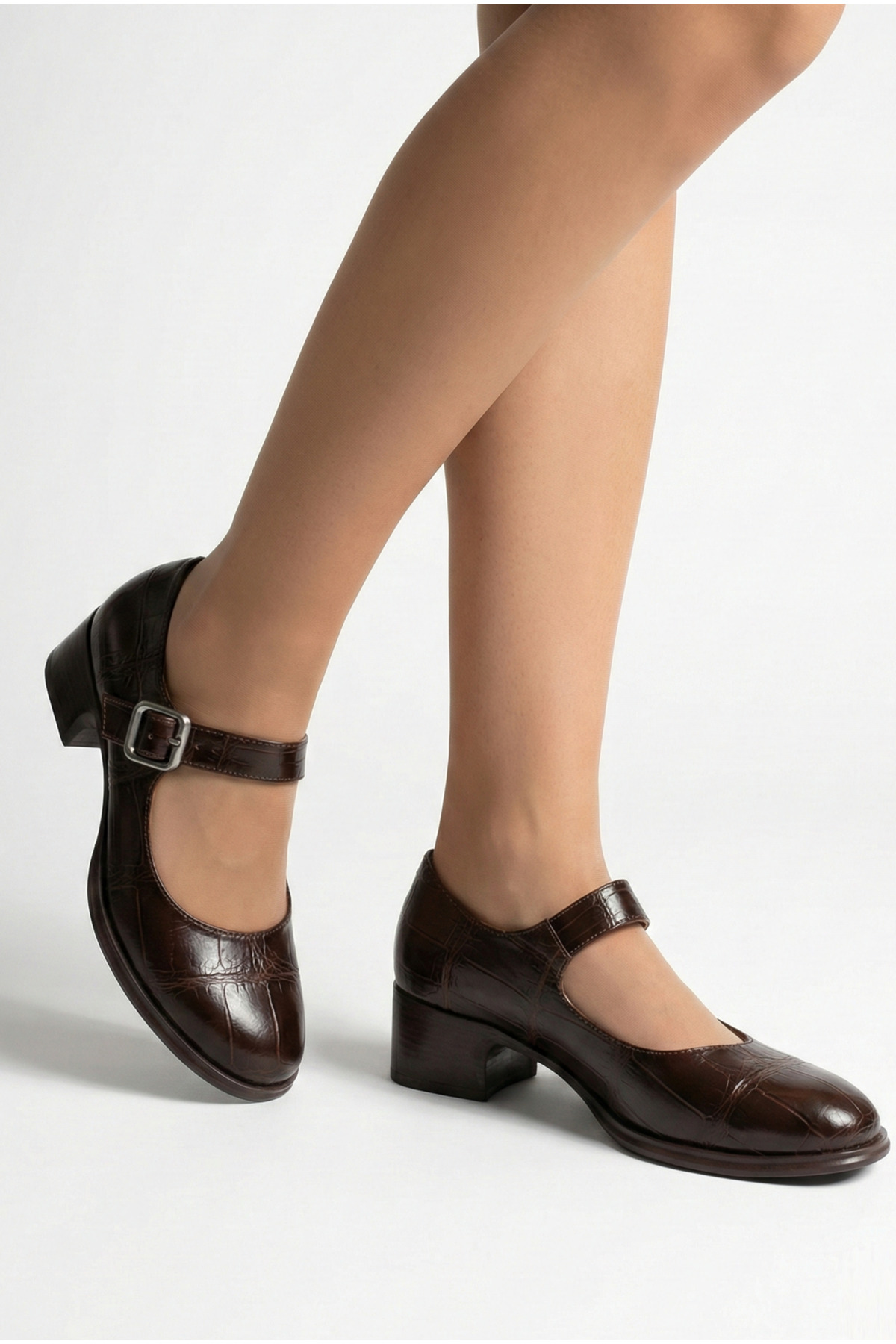 Shoesers  Kadın Kahve Krokodil Tasarım Loafer Tokalı Günlük Kalın Topuklu Ayakkabı Balerin Loafer - Görsel 8