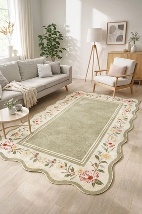 GECE HOME Dijital Kaymaz Yıkanabilir Asimetrik Çiçekli Vintage Salon Halısı M...