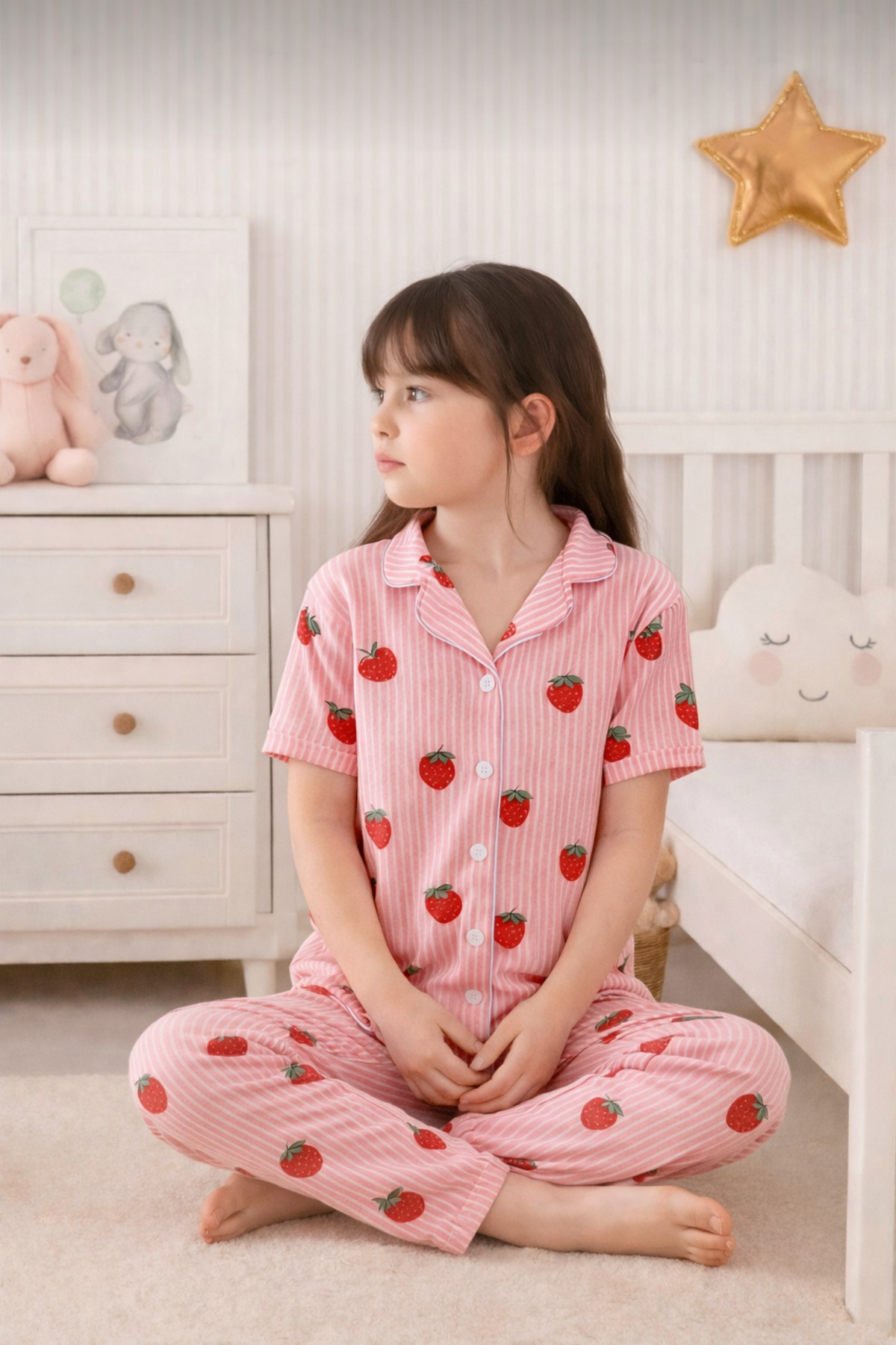 zahider Kız çocuk pamuklu Milan kumaş düğmeli yazlık kısa kollu pijama takımı fotoğrafı 2 (önizleme)