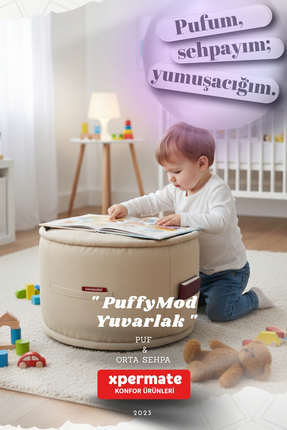 XPERMATE Yuvarlak Puf Sehpa 60x42 cm Dekoratif Oturma ve Ayak Uzatma Pufu Mod...