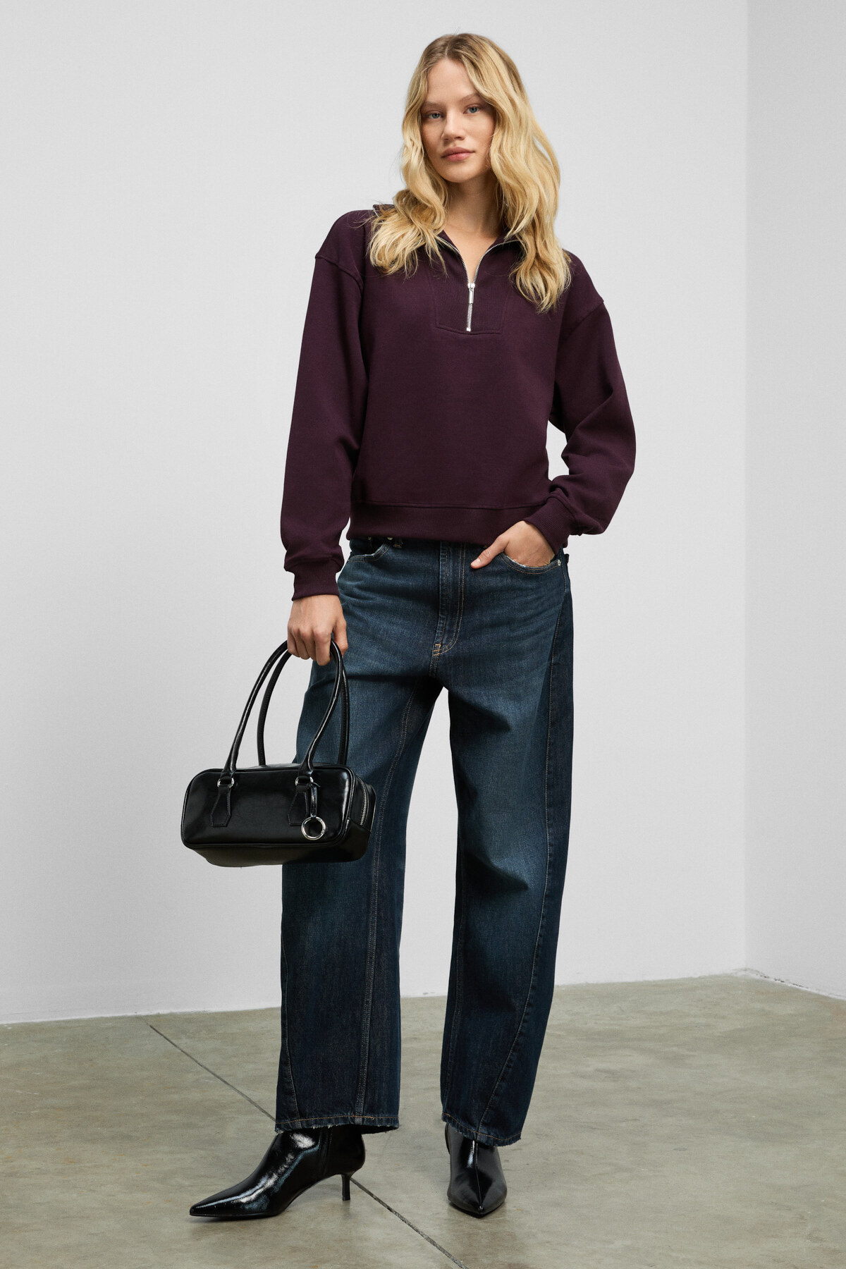 GRIMELANGE  ENDORA Kadın Yumuşak Polarlı Kumaşlı Yakası Fermuarlı Regular Bordo Sweatshirt - Görsel 3