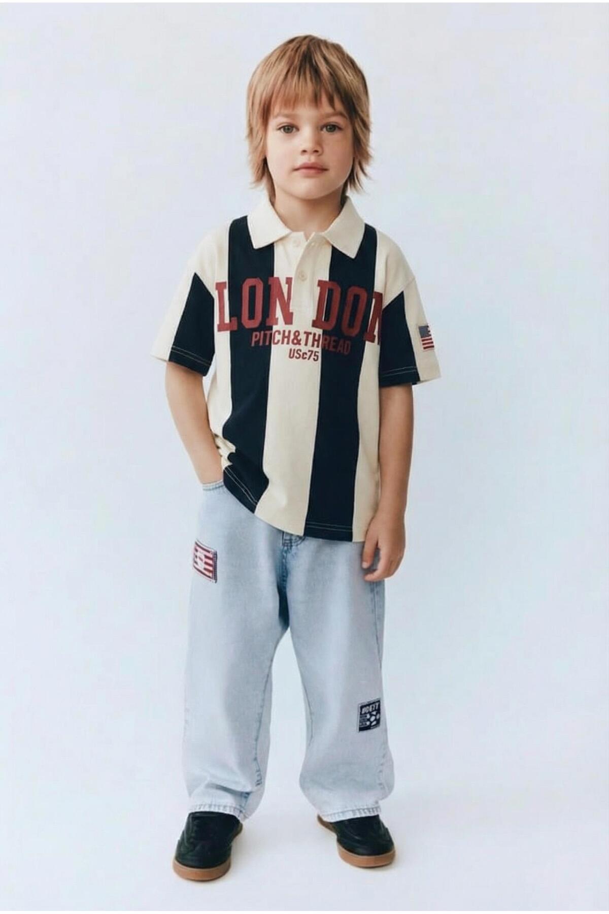 Boys Cotton Oversize Polo Neck Printed T-Shirt and Wide Leg Jeans Set