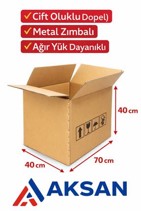 AKSAN TİCARET 40x70x40 cm Çift Oluklu Karton Koli – Zımbalı, Ağır Yük Dayanım...