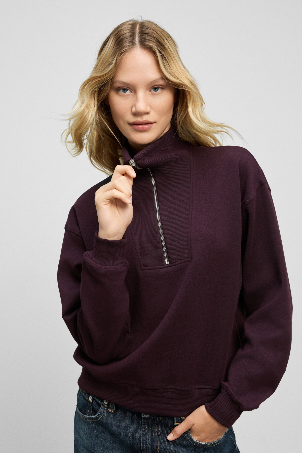 GRIMELANGE  ENDORA Kadın Yumuşak Polarlı Kumaşlı Yakası Fermuarlı Regular Bordo Sweatshirt