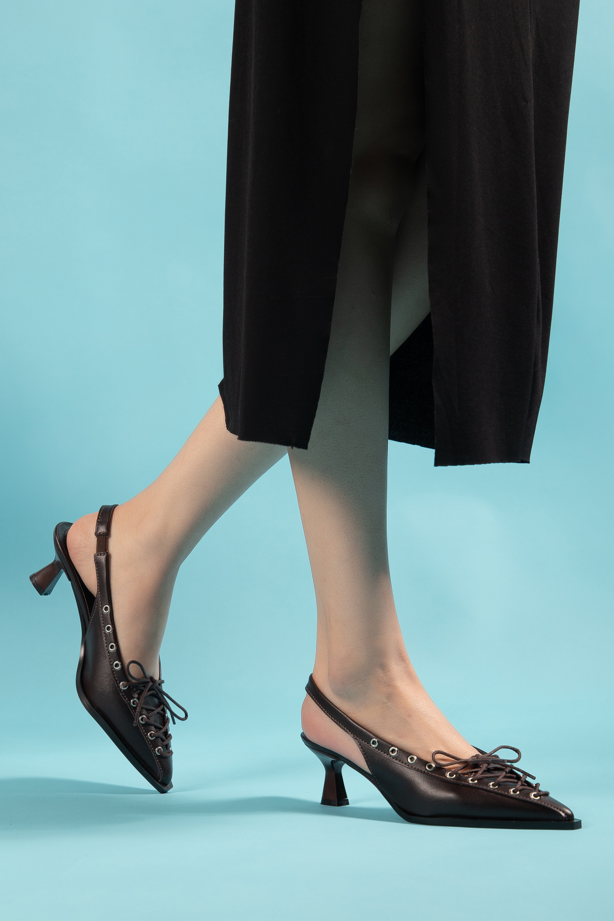 camaiore  Acı Kahve Sivri Burun Bağcık Detaylı Klasik Topuklu Ayakkabı - Görsel 7