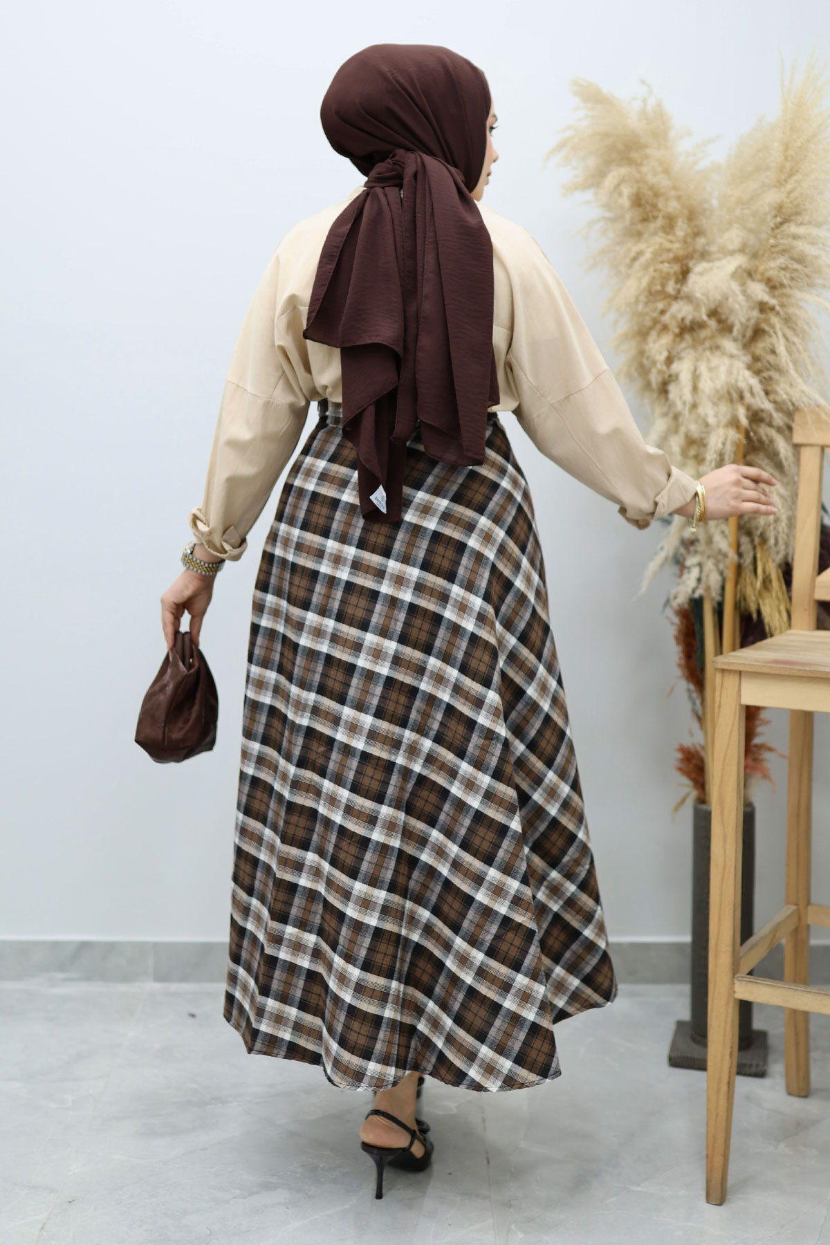 Tesettür Dünyası  Ekose Etek TSD260102 Hardal - Görsel 6