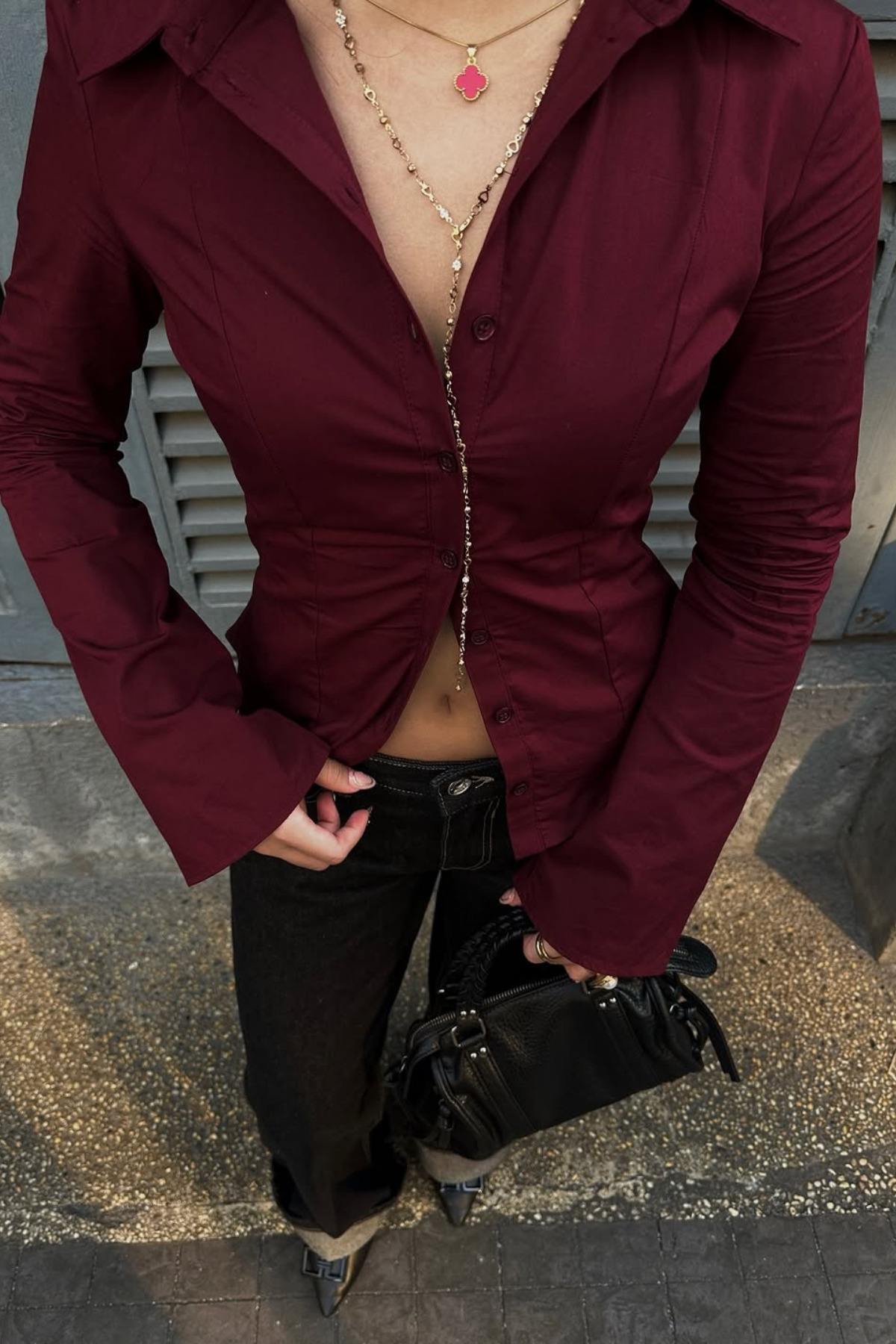 Seeh Bordo Uzun Kollu Vücuda Oturan Gömlek SH356 görsel 6