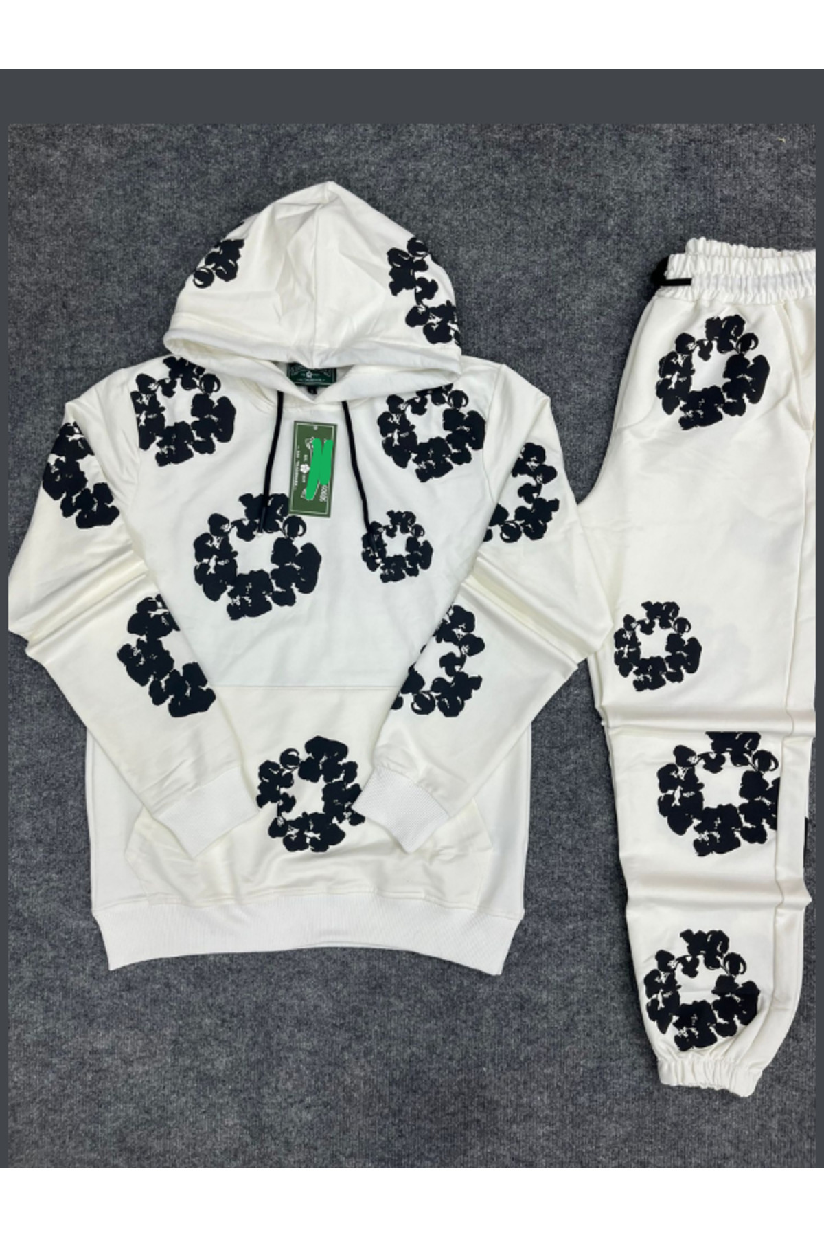 Unisex Oversize 2 İplik Eşofman Takım Kabartmalı Çiçek Desenli Hoodie ve Sweatpants Streetwear — سفید iiH02331