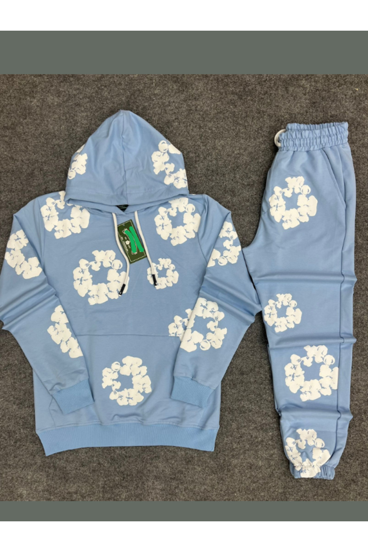Unisex Oversize 2İplik Eşofman Takım Kabartmalı Çiçek Desenli Hoodie ve Sweatpants Streetwear — آبی iiH02331