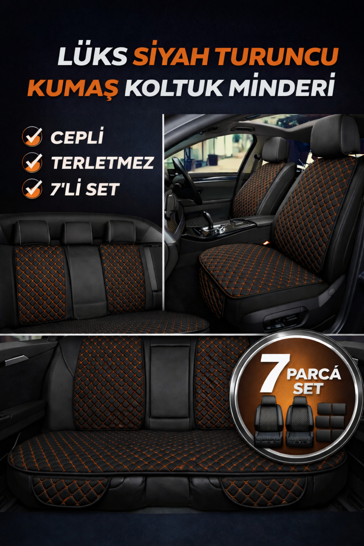 Trobus Citroen C4 2011-2015 Uyumlu Kumaş Koltuk Minderi Kapitone Desen Terletmez Beşli Siyah Turuncu — alternatif görsel
