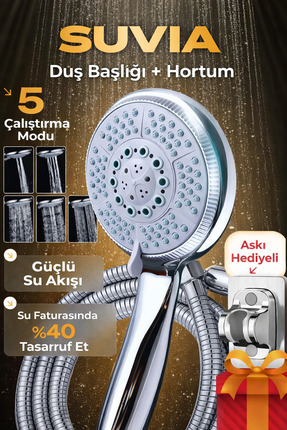SUVİA Yüksek Basınçlı Duş Başlığı 5 Fonksiyonlu + Çelik Hortum + Askı | Tasar...