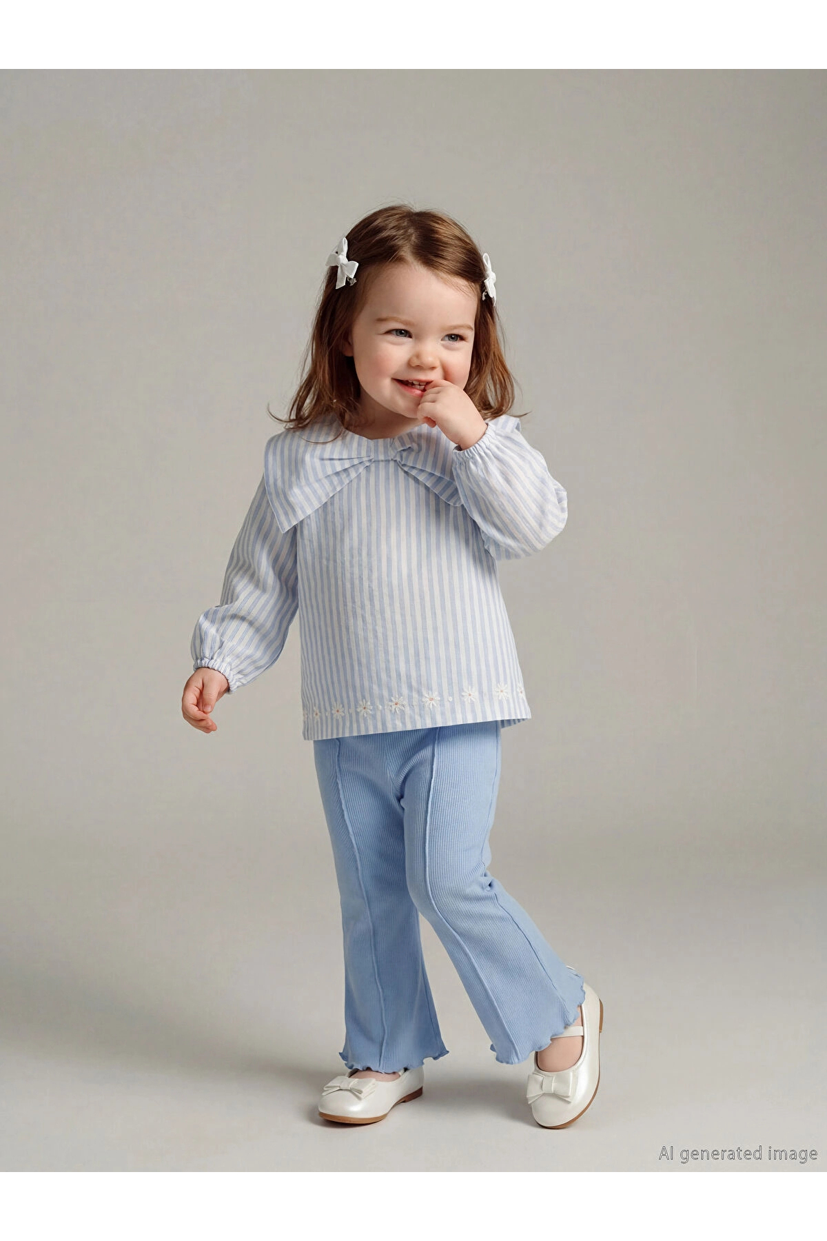 LC Waikiki Ecru Bow Collar Detailed Striped Baby Girl Blouse and Leggings (S6)