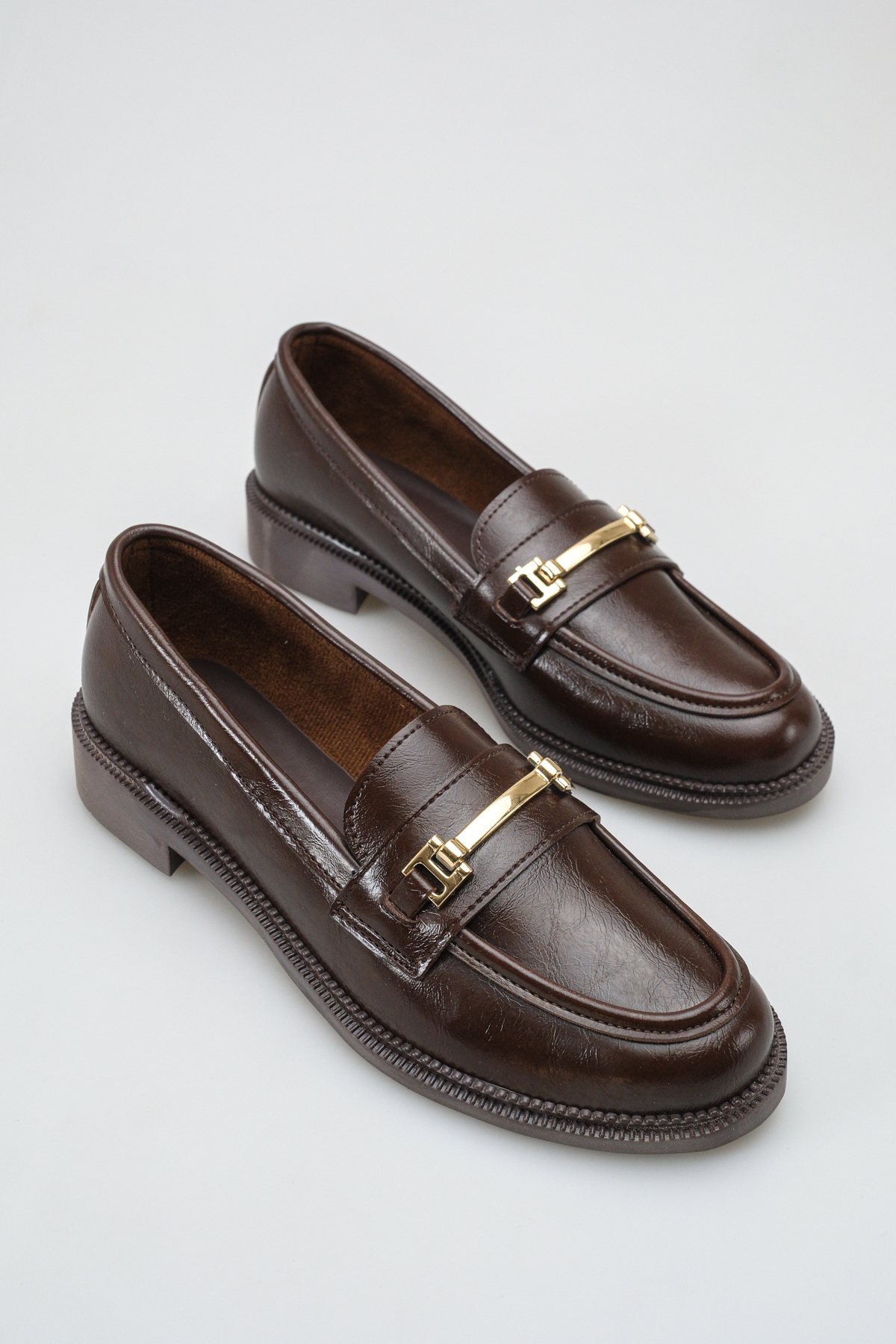 Brown Gold Buckle Thick Sole 3 cm Heel Loafer Comfortable Casual Stylish Women's Shoes