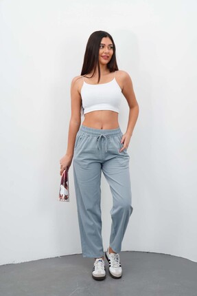 DI LORIA Kadın Buz Mavi %100 Pamuk Yüksek Bel Lastikli Rahat Kesim Günlük Pan...