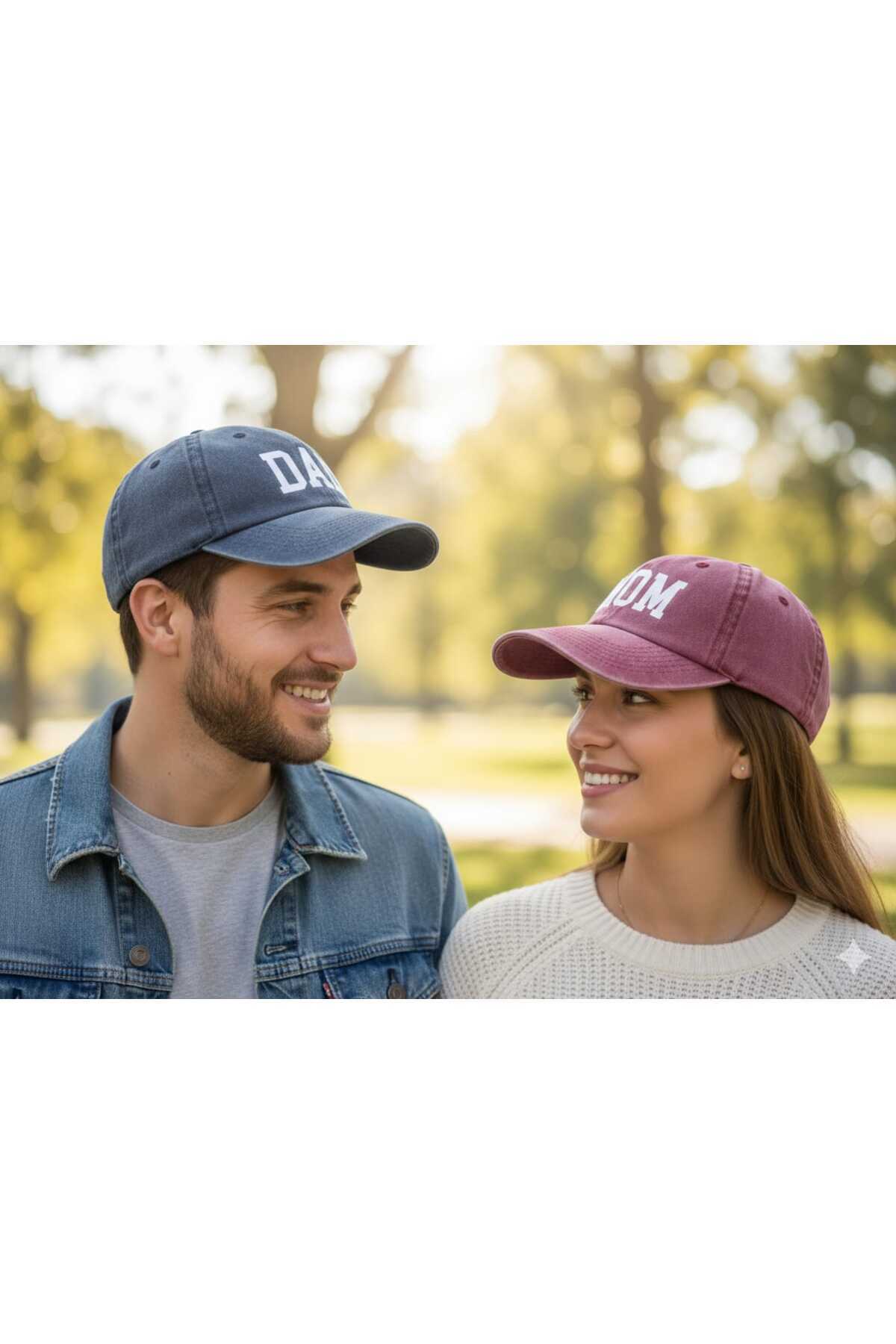Betülce 2'Li Anne Baba Kombin Aile Şapkası-Vintage Eskitme Unisex DAD / MOM Yazılı Pamuk Şapka görsel 2