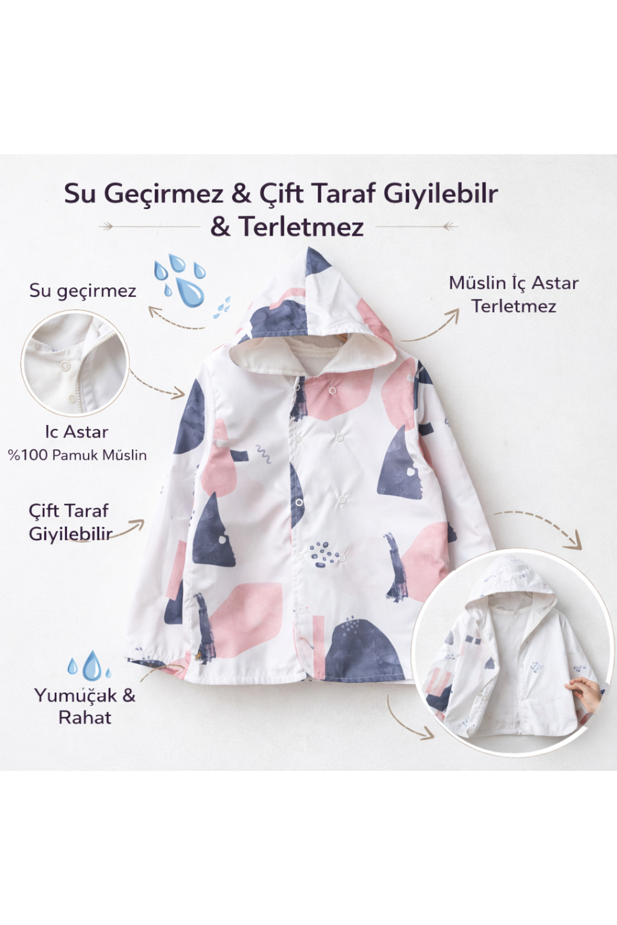 tinibud Terletmeyen Çift Taraflı Erkek Çocuk Yağmurluk 2-5 Yaş %100 Pamuk Müslin Astarlı fotoğrafı 6 (önizleme)