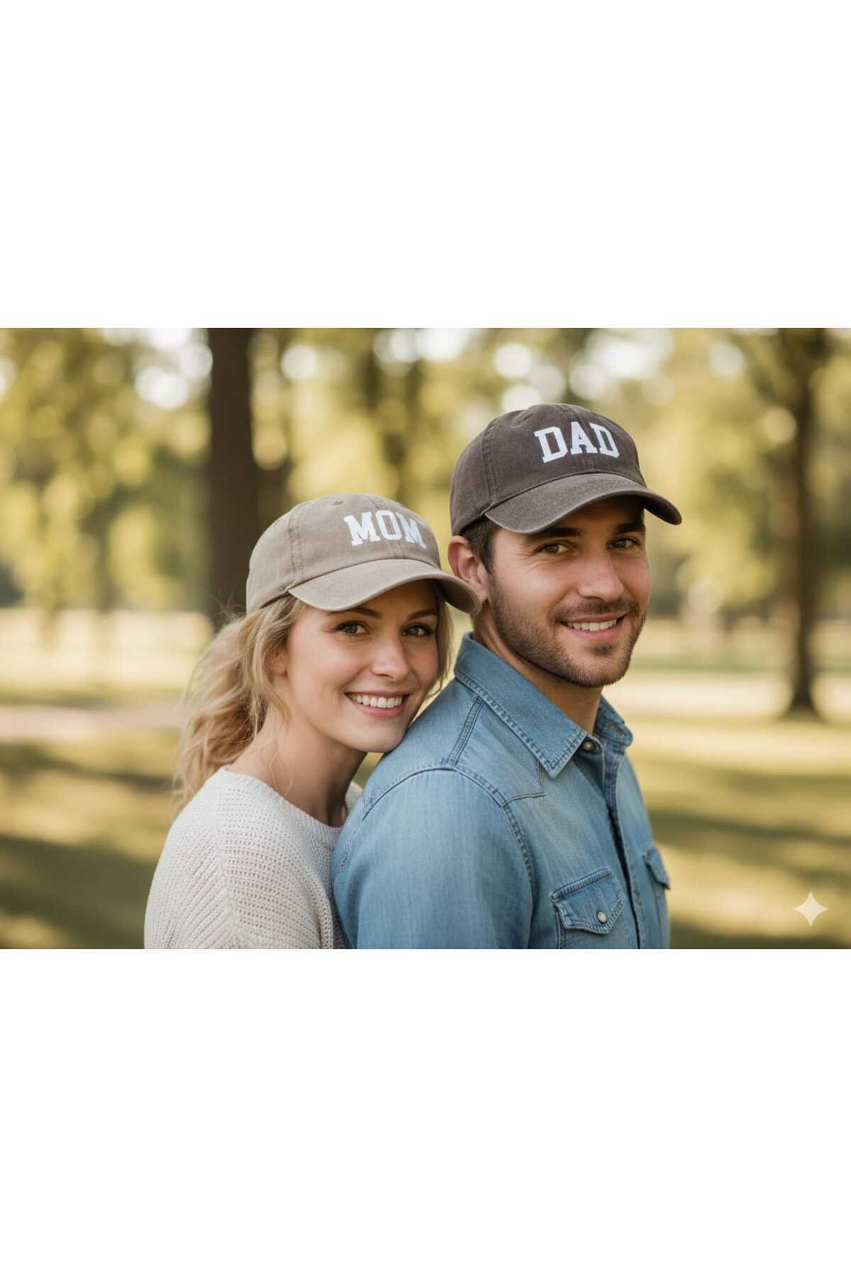 Betülce 2'Li Anne Baba Kombin Aile Şapkası-Vintage Eskitme Unisex DAD / MOM Yazılı Pamuk Şapka görsel 3