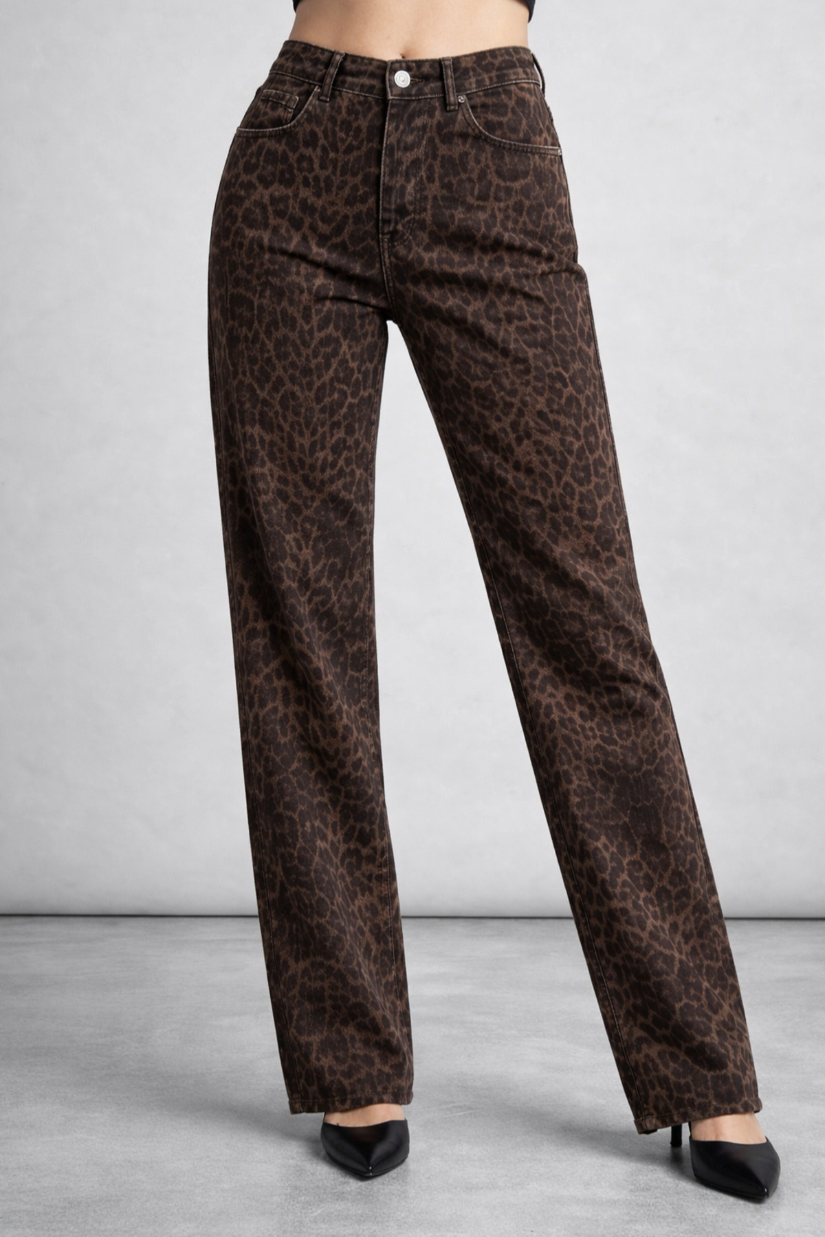 Polo State  Kadın Yüksek Bel Straight Kalıp Leopar Desenli Jean Pantolon