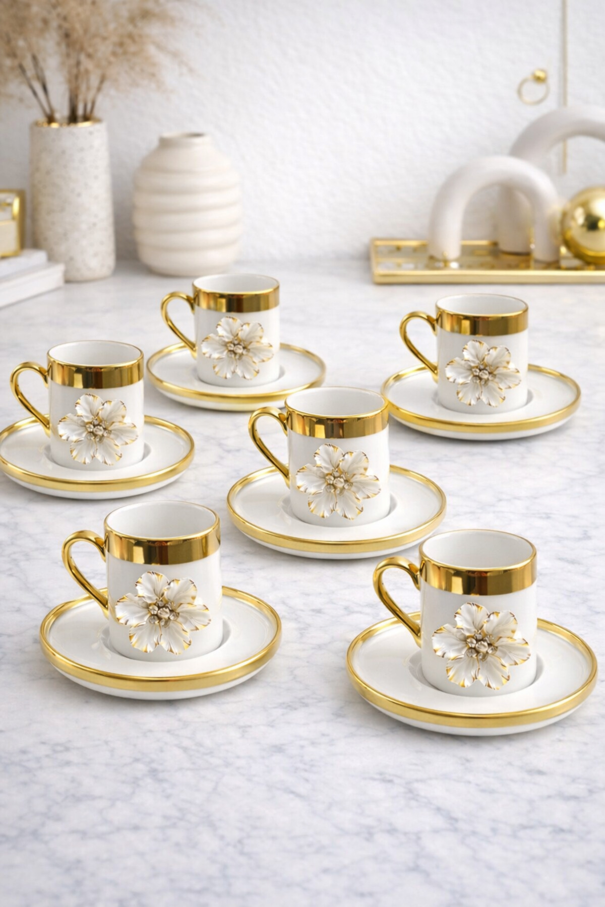 YzHome 6 Kişilik Gold Yaldızlı Porselen Lotus Çiçek Kahve Fincan Takımı ...