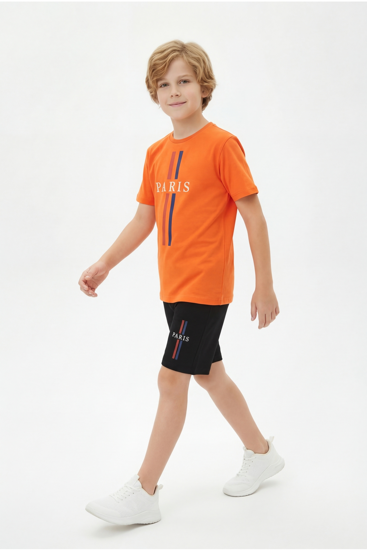 Round Collar Summer Paris Print Detailed Capri Boys' Bottom Top Set