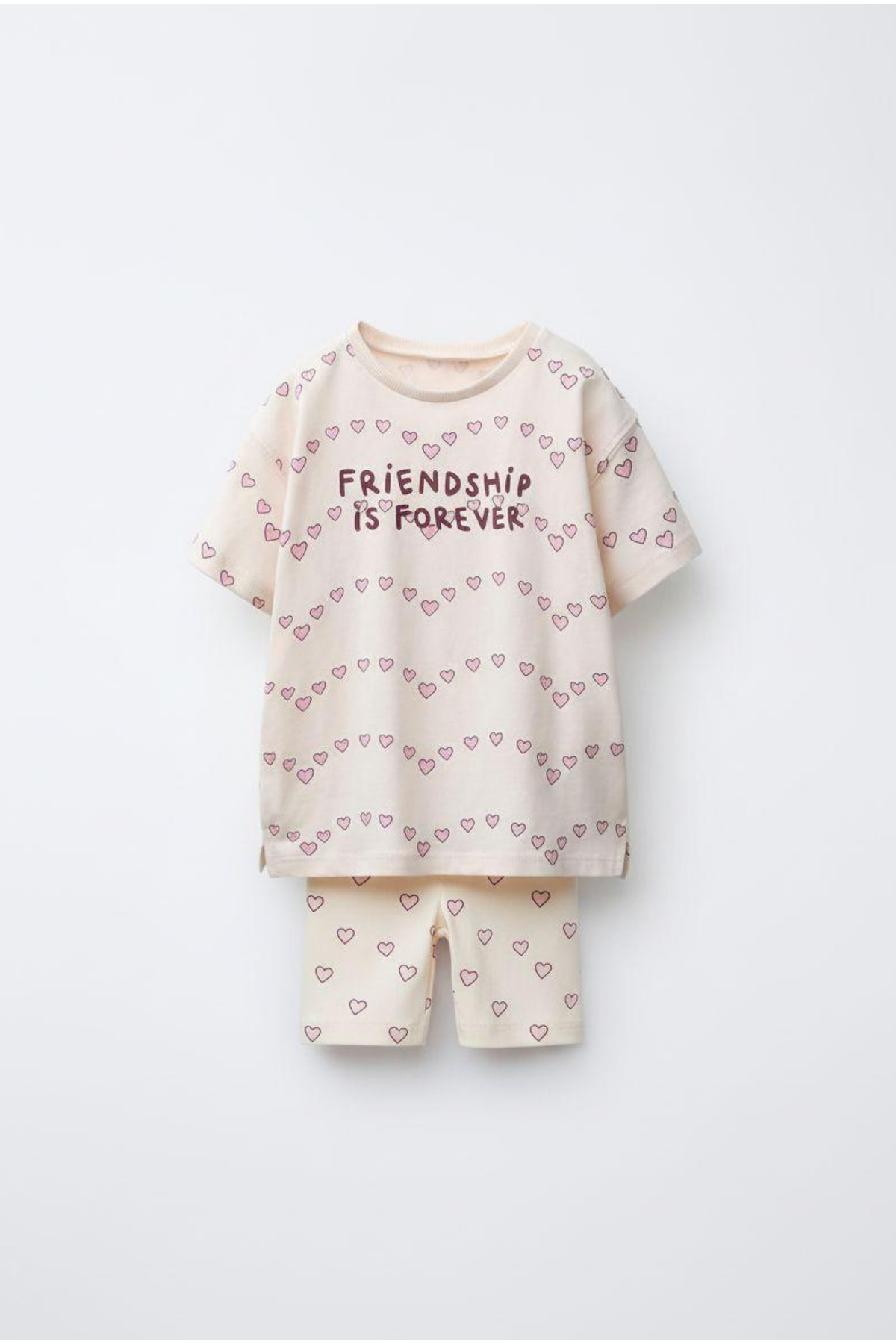 Girl Cotton Ecru Heart Patterned Slogan Set - Short Sleeve T-Shirt and Biker Shorts Set