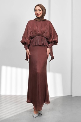 İmajButik Kahverengi Yarasa Kol Katlı Janjan Abiye