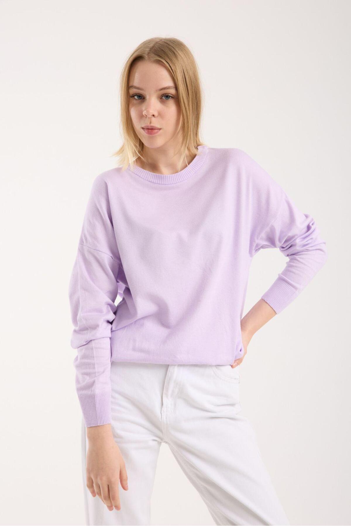 sumoda  Kadın Triko Kazak Yumuşak Doku Bisiklet Yaka Basic - Görsel 2