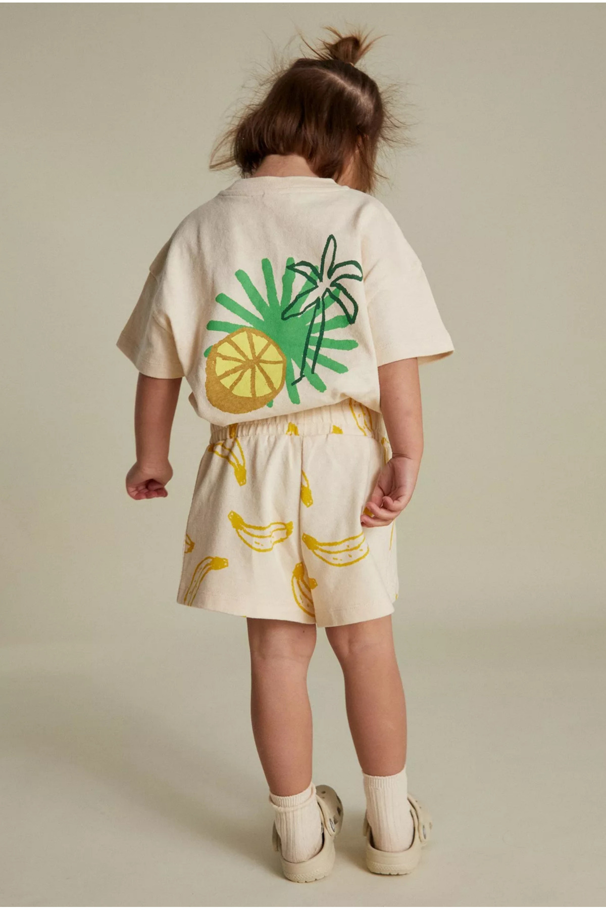 Girl Cotton Ecru Banana Pattern T-Shirt and Shorts Set