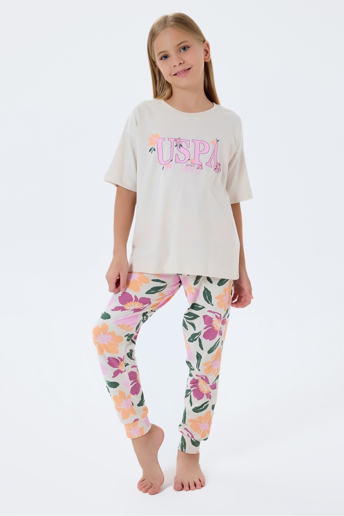 U.S. Polo Assn. 100% Cotton Cotton Piece Girls' Pajama Set Flowers