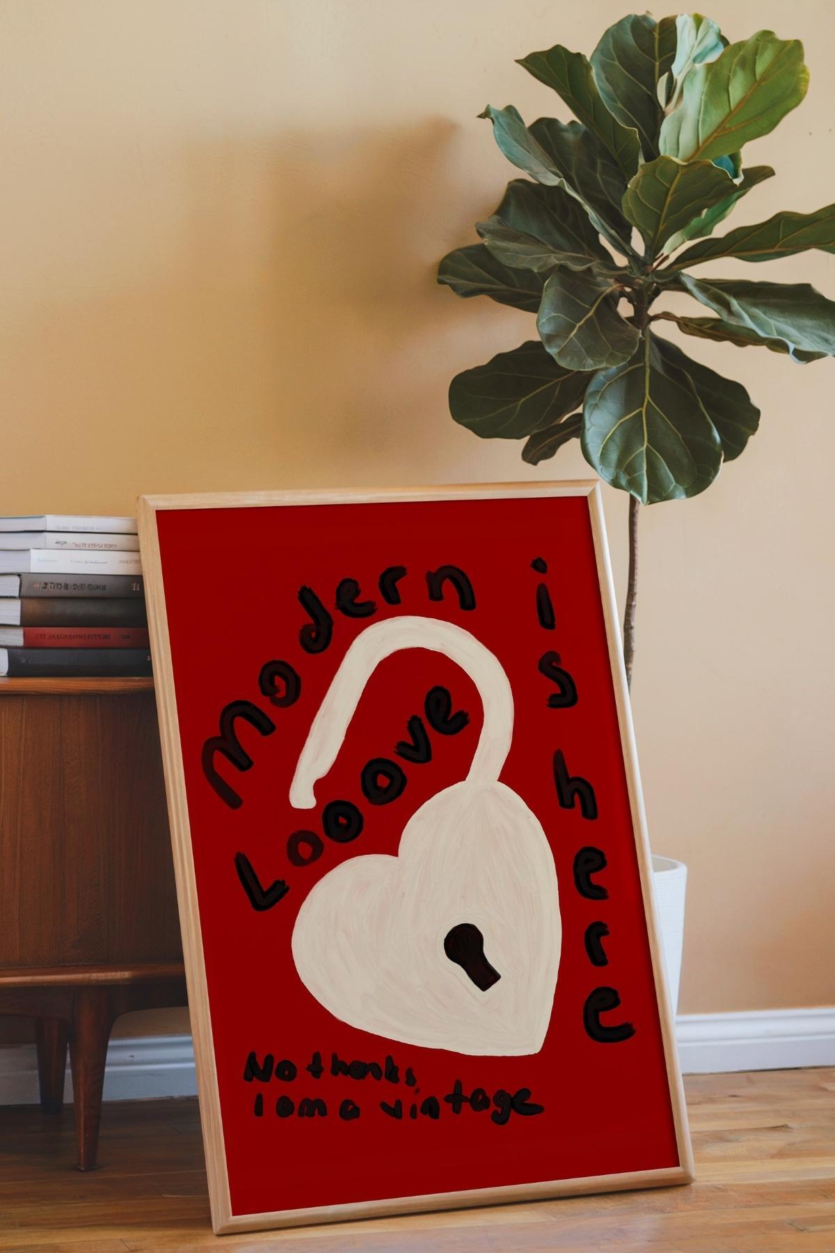 Kırmızı Kalp Poster Love Is Here Yazılı Romantik Duvar Dekoru Çerçevesiz