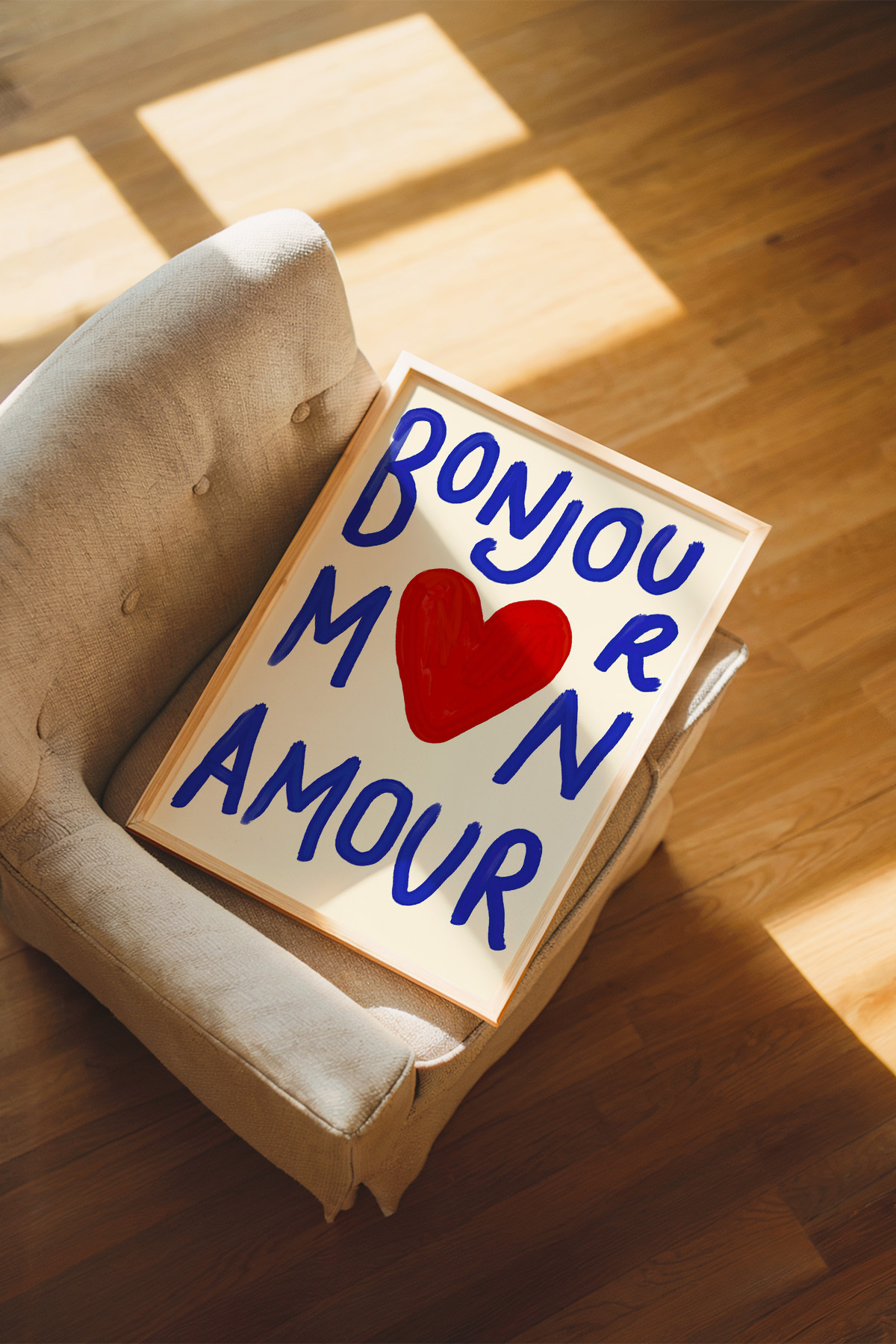 Kırmızı Kalp Figürlü Bonjour Mon Amour Yazılı Poster Çerçevesiz